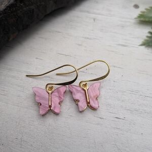 Pink Butterfly Drop Earrings - Gold Accent